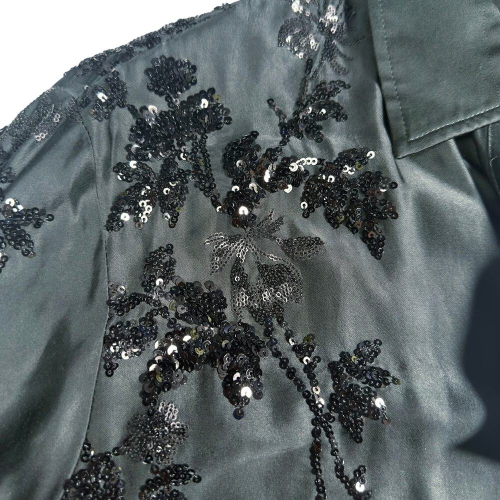 Zara | Women | Emerald Green Satin Floral Sequin LS Button Up Blouse | Small - Picture 10 of 16